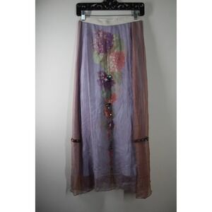 Rozae Nichols P S Purple Chiffon Silk Maxi Skirt Floral Beaded Bohemian Elastic